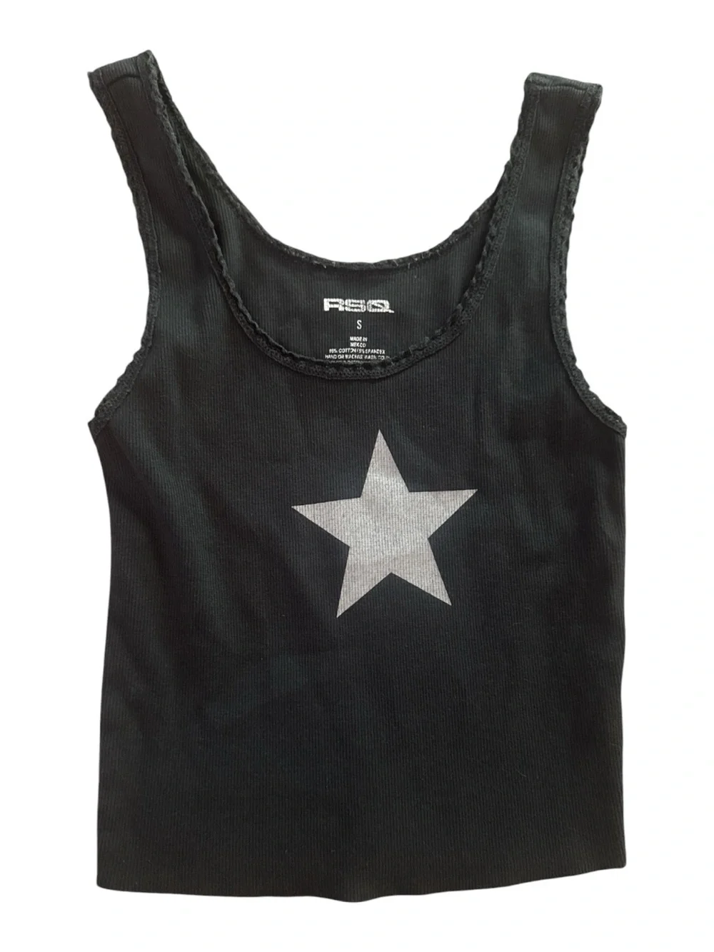 RSQ Black Ribbed Tank with White Star Graphic Girls Size Small 95% Cotton Shirt